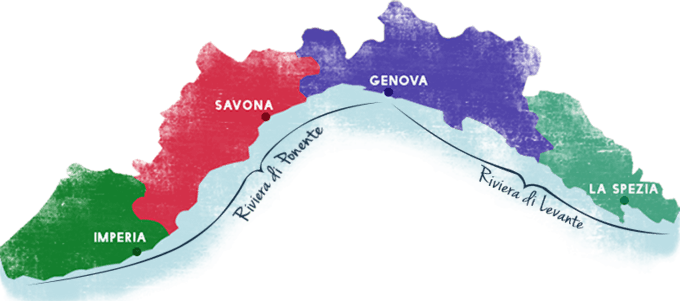 Ligurien besteht aus den 4 Provinzen Imperia, Savona, Genova und La Spezia und wird in die Riviera di Ponente und die Riviera di Levante unterteilt