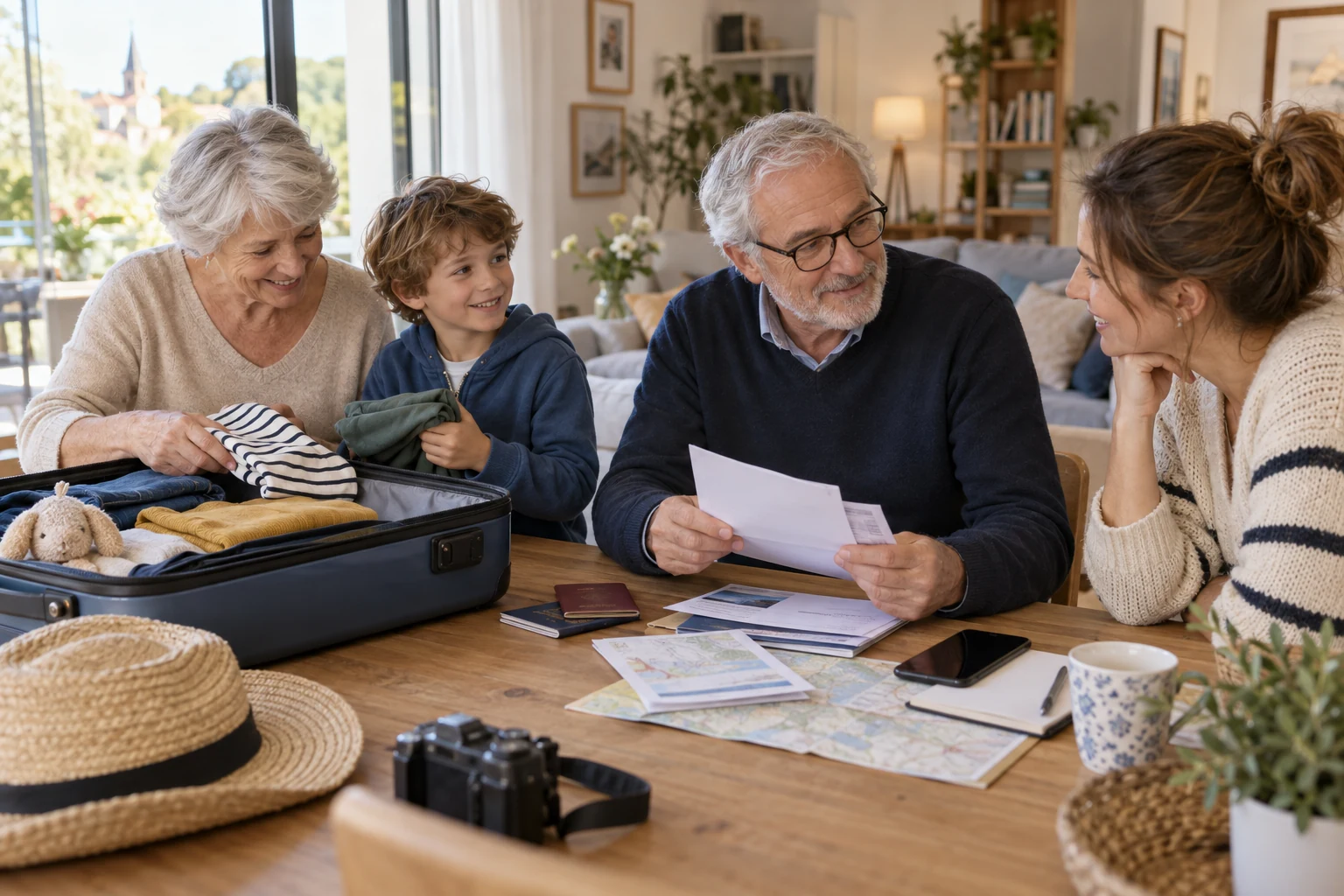 Des grands-parents et un parent vérifient les documents de voyage d’un enfant avant le départ.