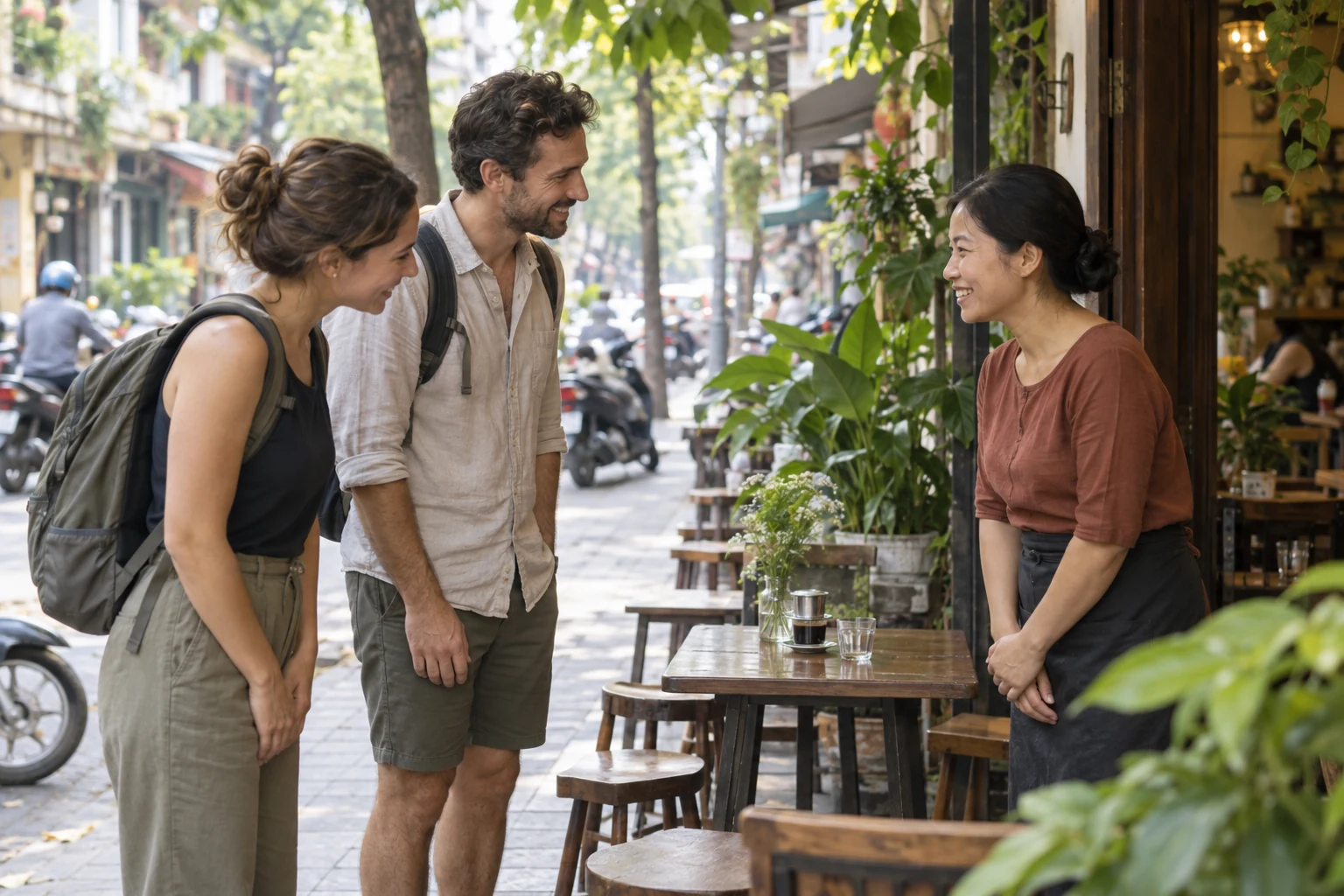 Deux voyageurs saluent chaleureusement une commerçante dans une rue du Vietnam.
