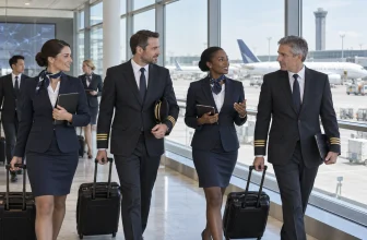 Des membres d’équipage avec leurs valises traversent un bâtiment moderne donnant sur les pistes.