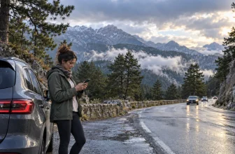 Une conductrice consulte les conditions routières près de sa voiture sur une route de montagne humide.
