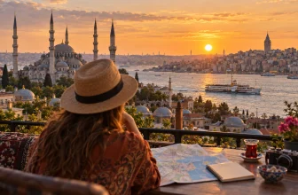 Une voyageuse prépare son séjour devant une vue d’Istanbul, du Bosphore et de ses monuments.