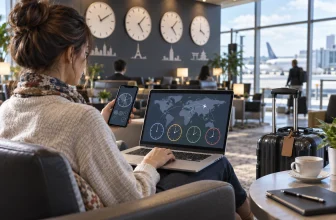Une voyageuse utilise des horloges mondiales sur son téléphone et son ordinateur dans un salon d’aéroport.