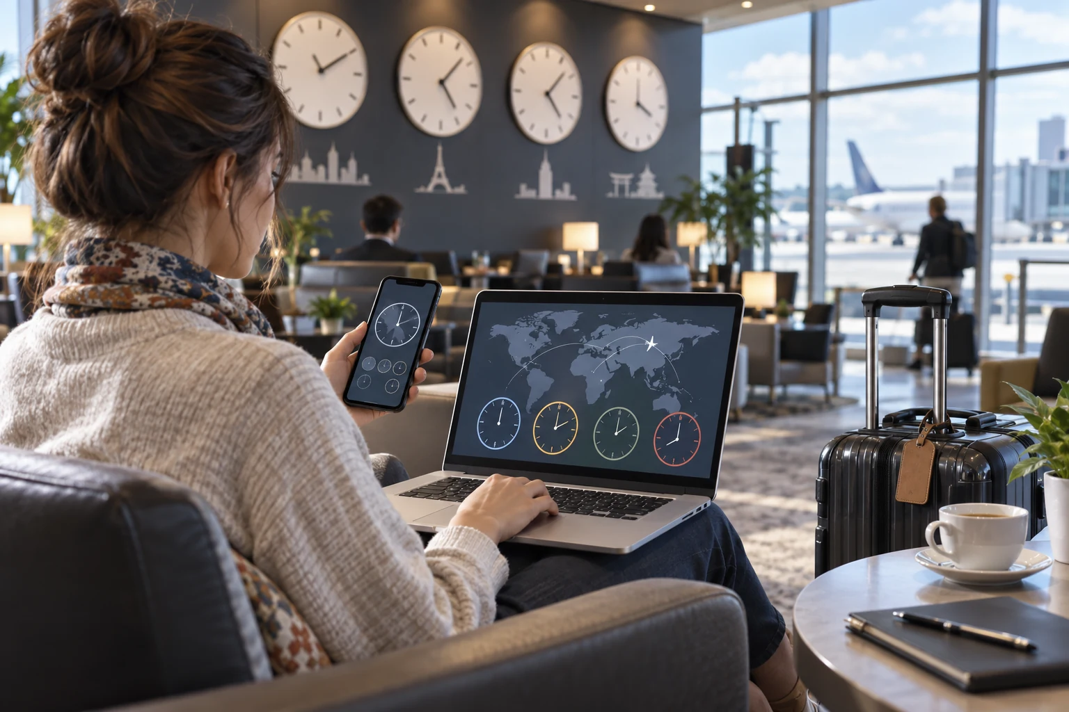 Une voyageuse utilise des horloges mondiales sur son téléphone et son ordinateur dans un salon d’aéroport.
