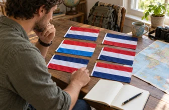 Un voyageur compare plusieurs petits drapeaux à bandes horizontales rouges, blanches et bleues.