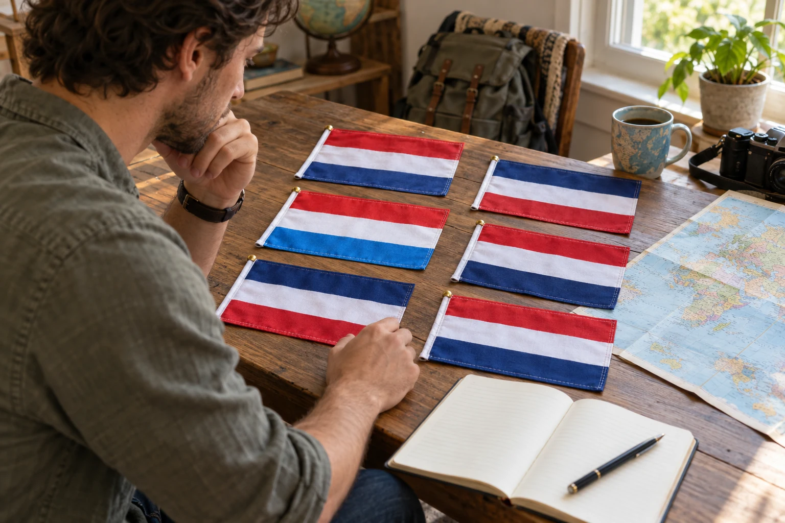 Un voyageur compare plusieurs petits drapeaux à bandes horizontales rouges, blanches et bleues.