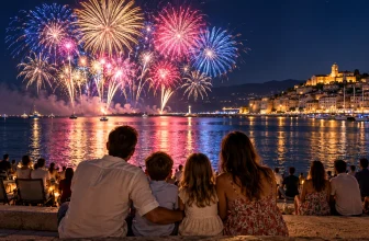 Une famille regarde un feu d’artifice depuis un front de mer sécurisé.