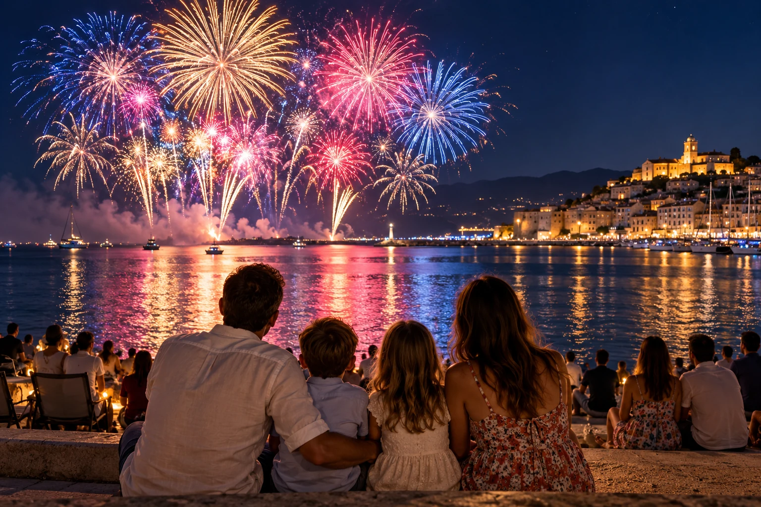 Une famille regarde un feu d’artifice depuis un front de mer sécurisé.