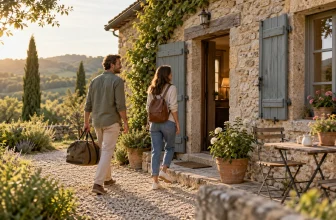 Un couple arrive avec ses bagages devant un gîte en pierre dans la campagne française.