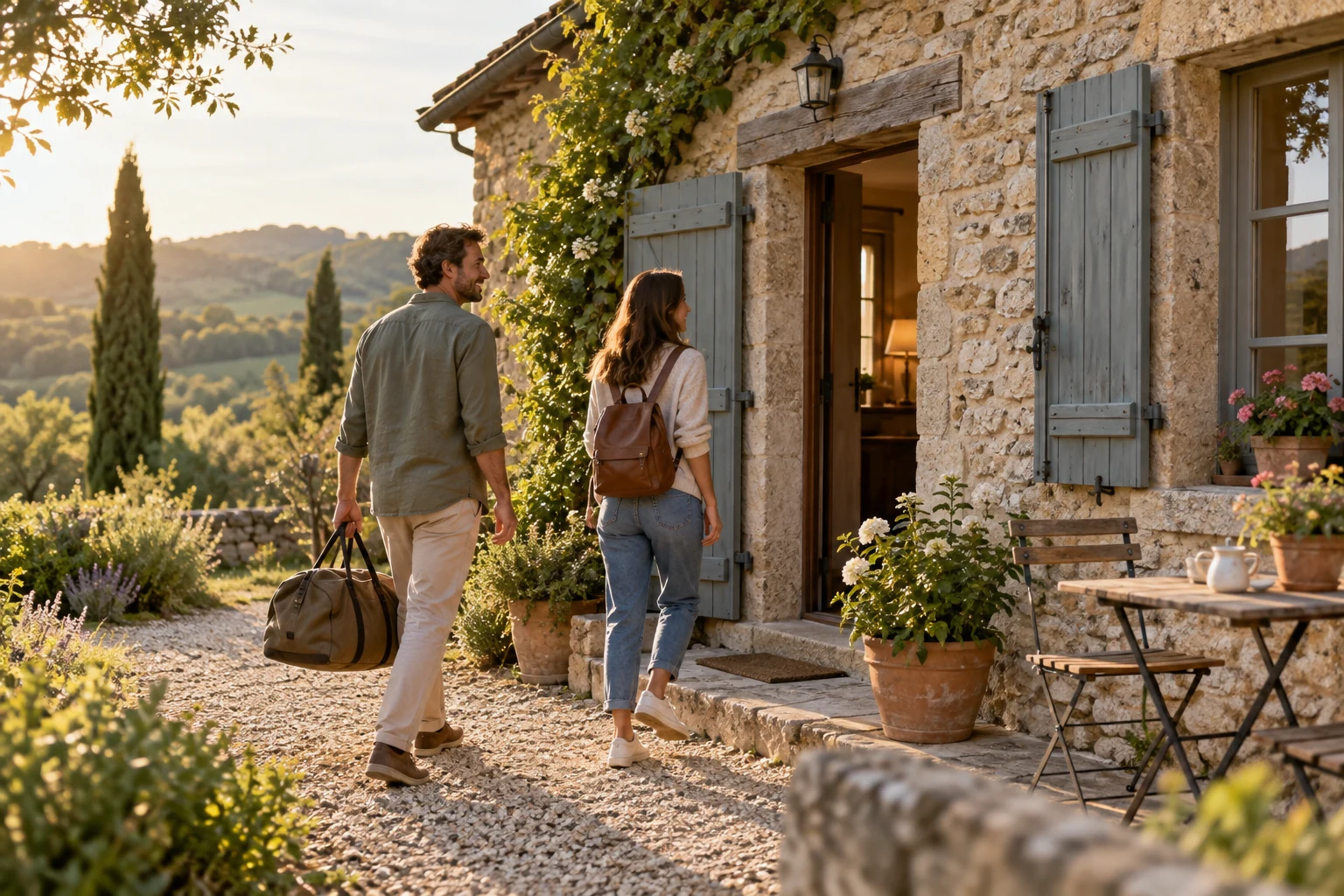 Un couple arrive avec ses bagages devant un gîte en pierre dans la campagne française.