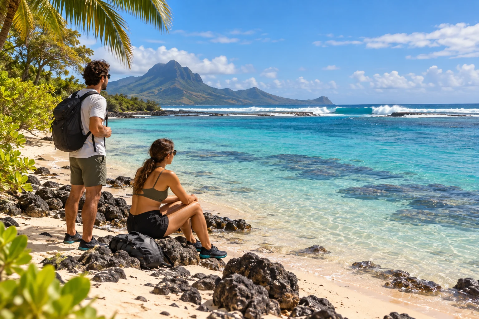 Deux voyageurs observent les conditions de mer depuis une plage de l’île Maurice.
