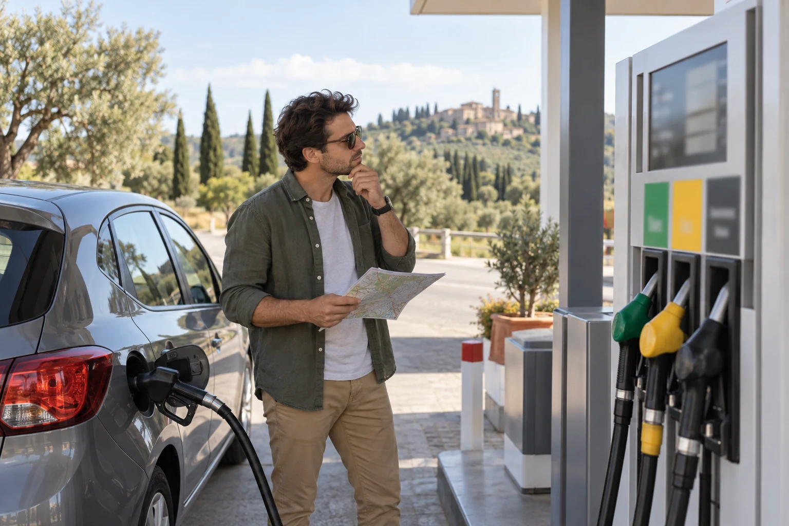 Un voyageur compare son itinéraire à côté de sa voiture dans une station-service italienne.