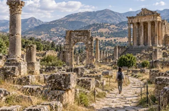 Une visiteuse marche parmi des colonnes et des vestiges romains dans un paysage montagneux.