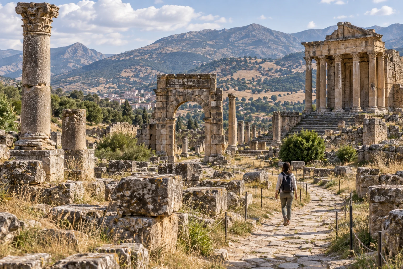 Une visiteuse marche parmi des colonnes et des vestiges romains dans un paysage montagneux.