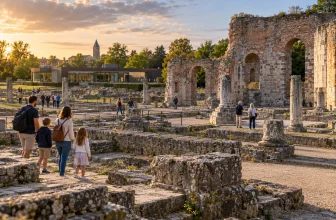 Une famille visite les vestiges du forum romain de Bavay.