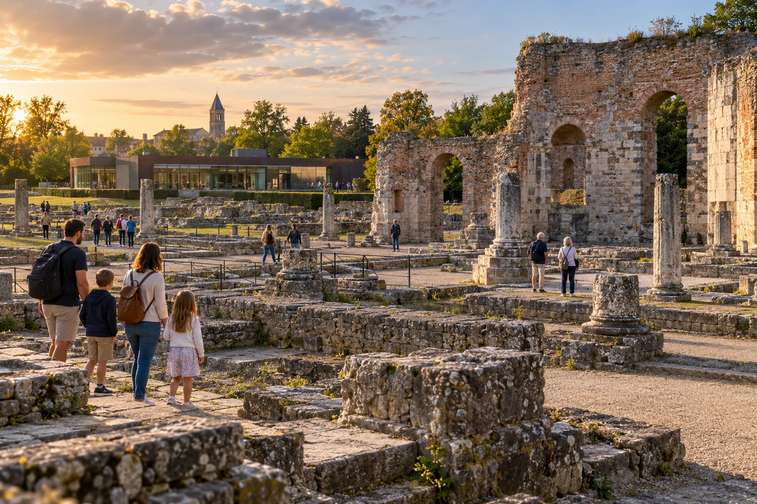 Une famille visite les vestiges du forum romain de Bavay.