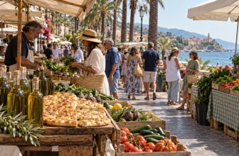 Un marché méditerranéen en bord de mer avec des étals de légumes, de focaccia et d’huile d’olive.