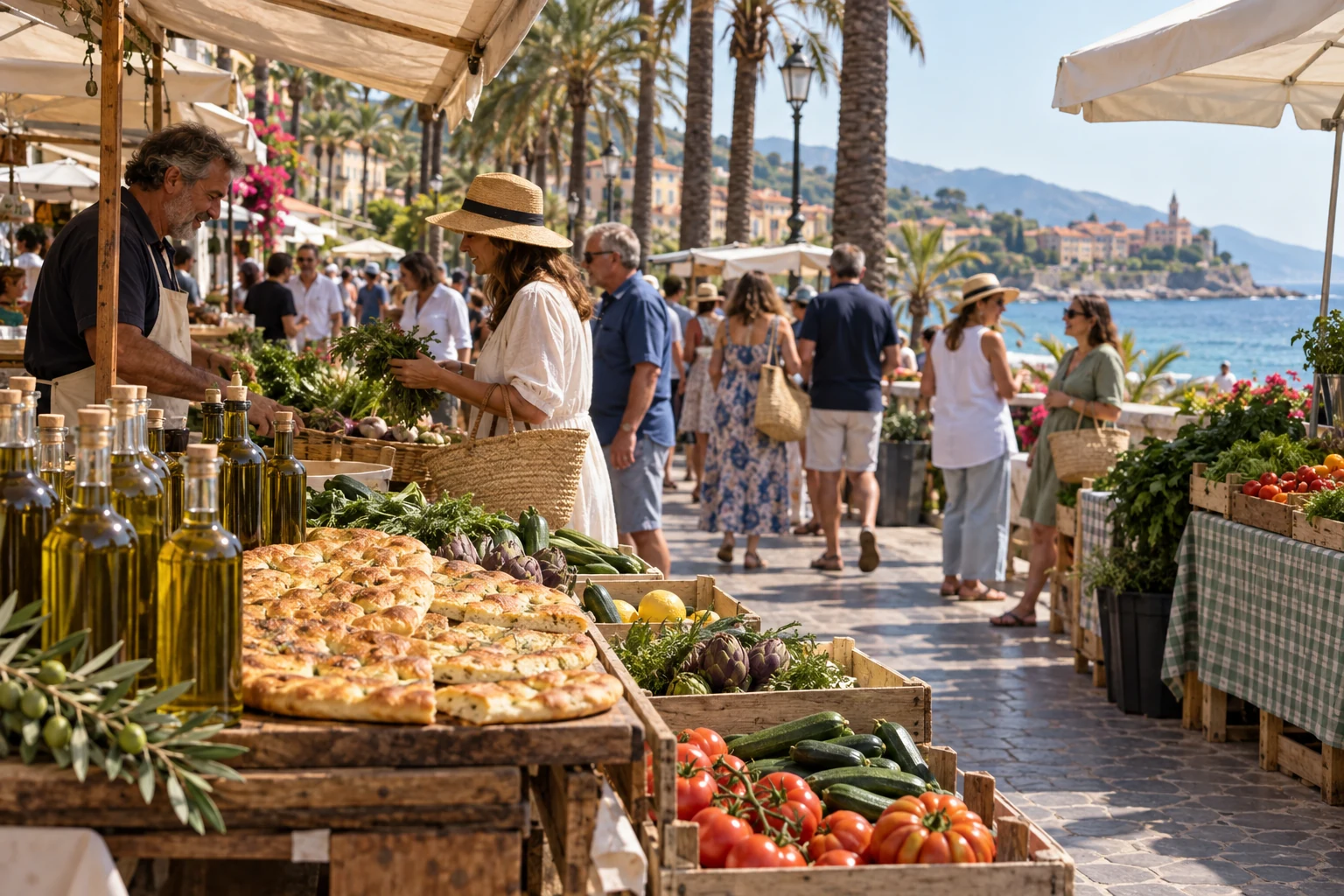 Un marché méditerranéen en bord de mer avec des étals de légumes, de focaccia et d’huile d’olive.