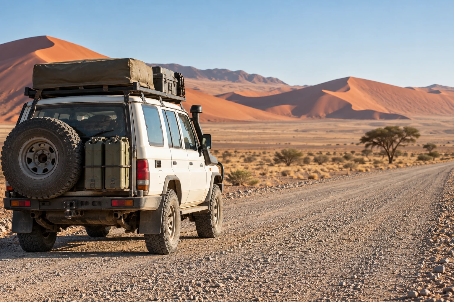 Un véhicule tout-terrain équipé roule sur une piste du désert namibien face aux dunes.