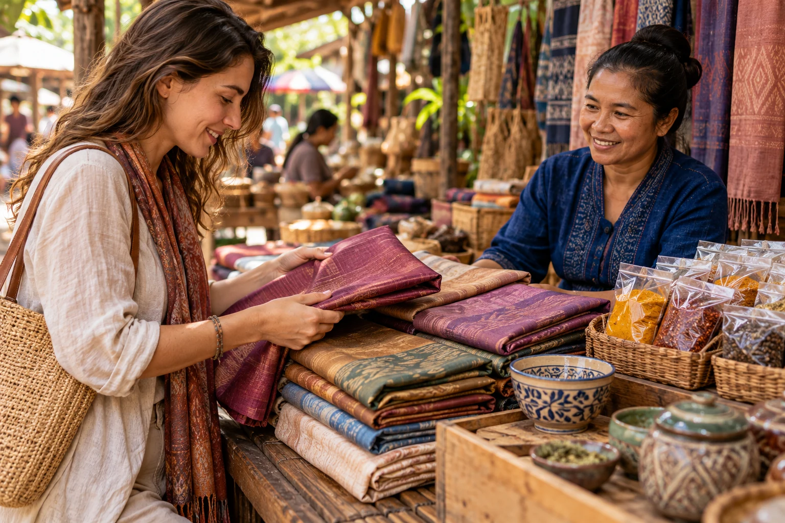 Une voyageuse choisit des textiles et objets artisanaux sur un marché en Thaïlande.