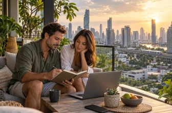 Un couple prépare son budget d’expatriation sur un balcon dominant Bangkok.