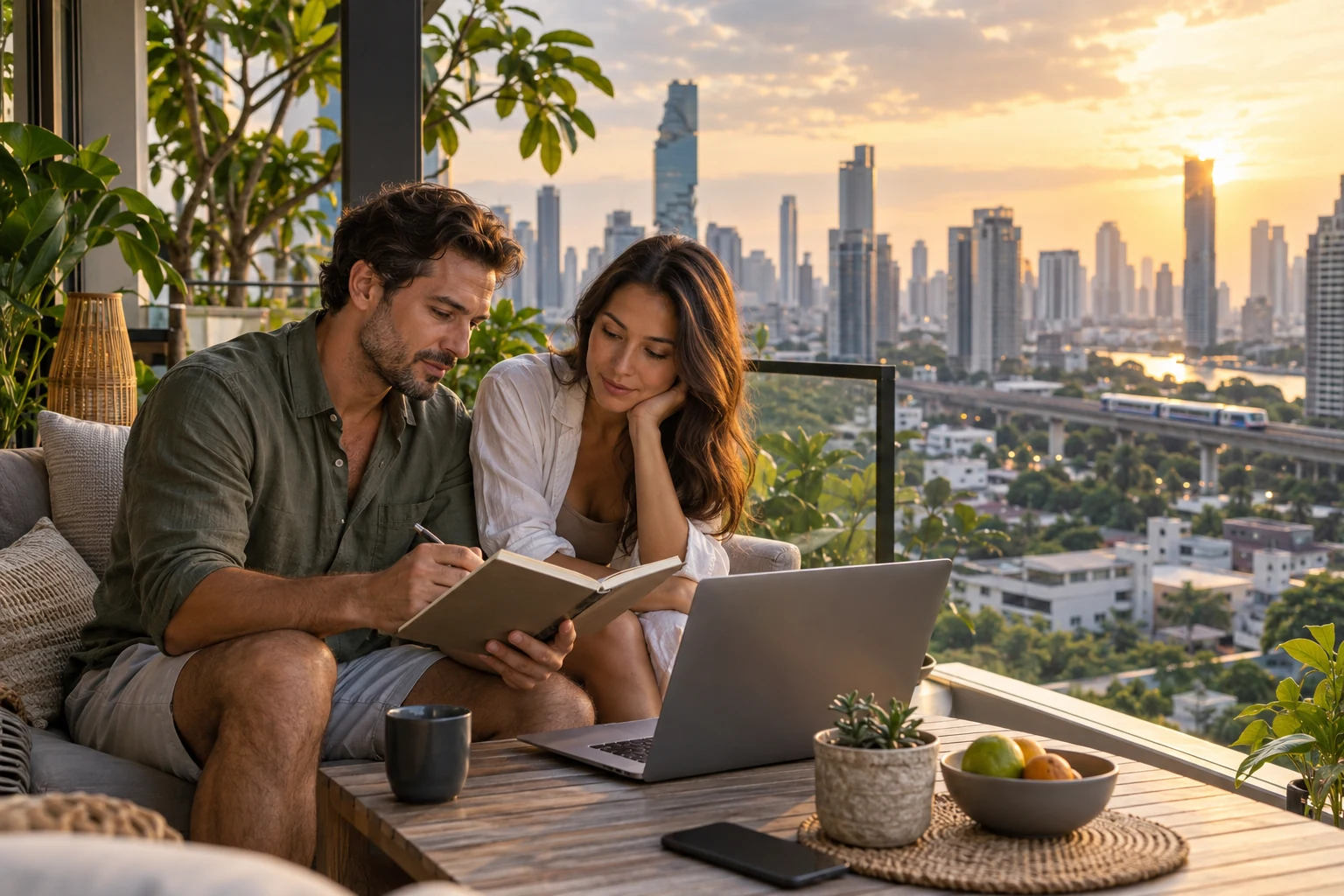 Un couple prépare son budget d’expatriation sur un balcon dominant Bangkok.