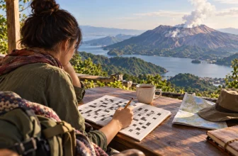 Une voyageuse complète une grille de mots croisés devant un paysage volcanique japonais.