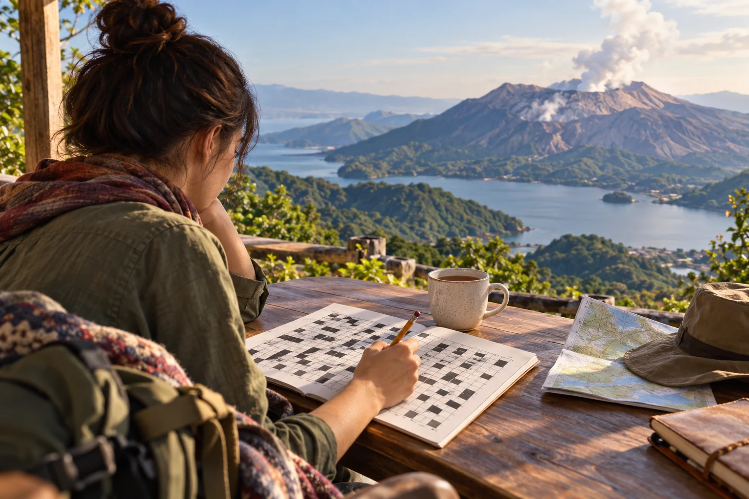Une voyageuse complète une grille de mots croisés devant un paysage volcanique japonais.